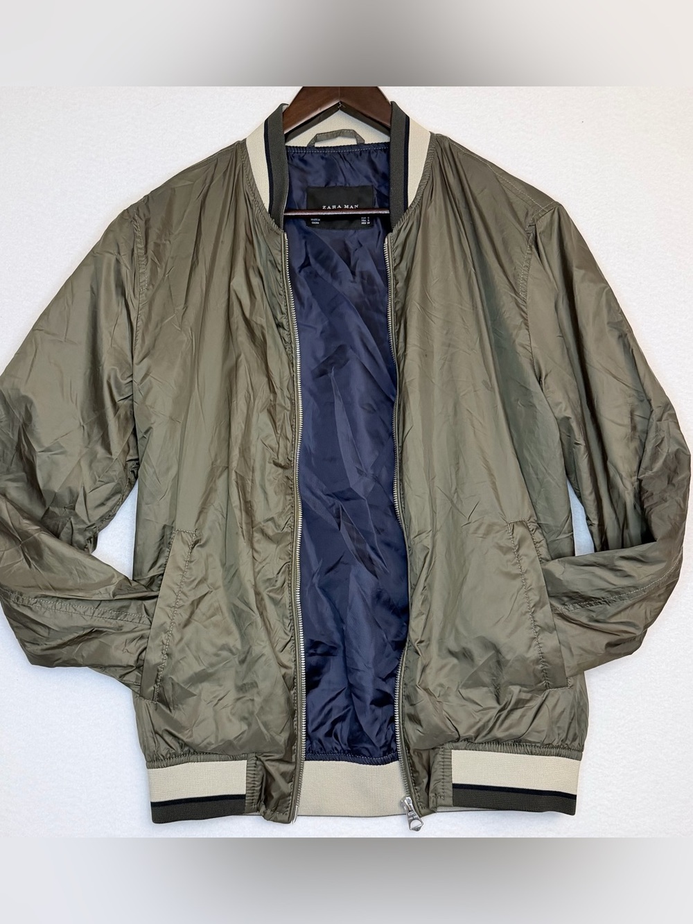 Zara Man Small Fall Bomber Jacket Olive Striped Ribbed Lightweight Full Zip